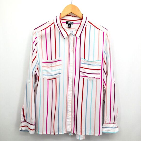 Ana Button Front Blouse Double Breast Pocket Striped Size PXL - Picture 1 of 8
